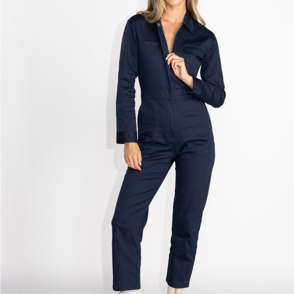 Rivet Utility Blue Big Wig Straight Leg Collared Cotton Jumpsuit Size Medium - Picture 1 of 16